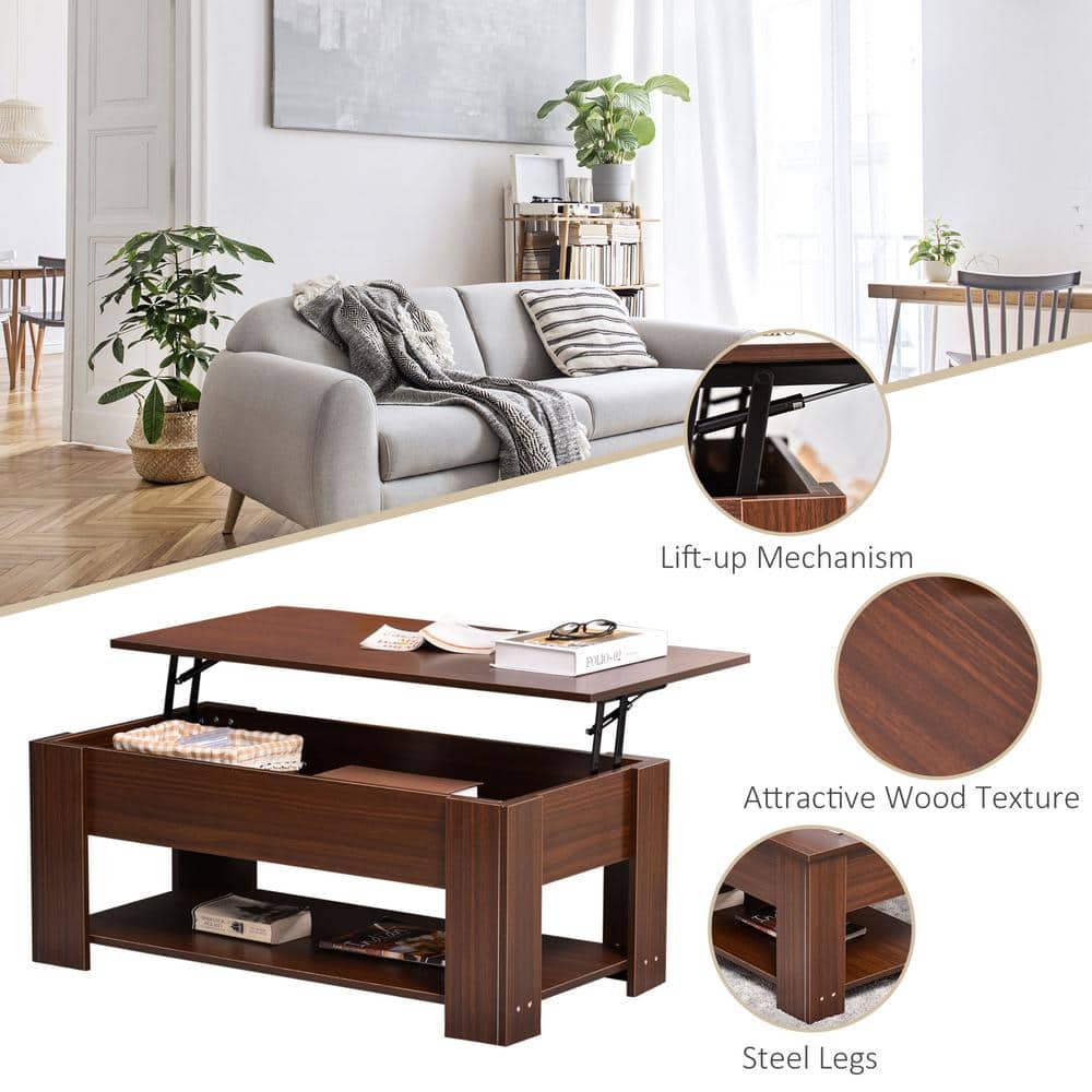 Modern Rectangular Lift-Top Coffee Table with Hidden Storage, Brown