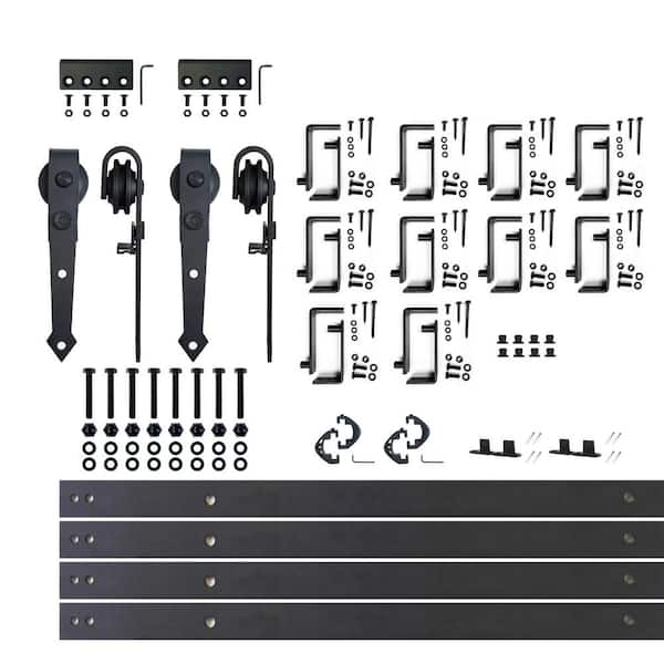 HOMACER 14 ft./168 in. Black Rustic Double Track Bypass U-Shape Sliding Barn Door Hardware Kit - Arrow Design Roller