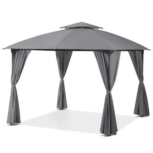 LAUSAINT HOME 10 ft. x 10 ft. Gray Outdoor Patio Gazebo with Unique Arc Roof and Privacy Curtains
