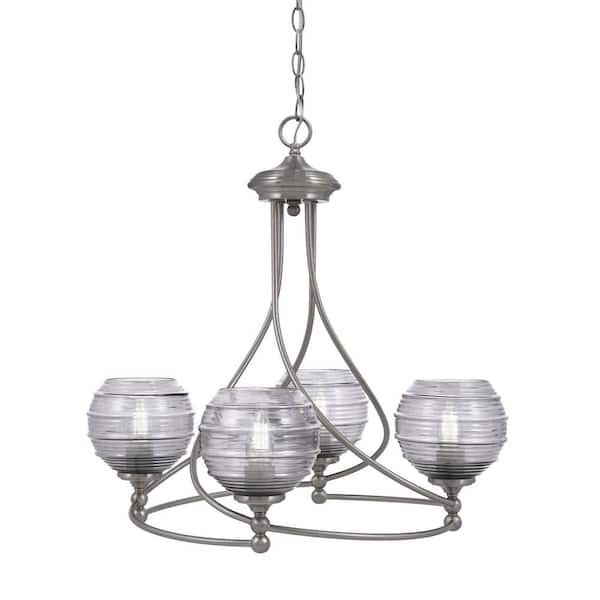 Unbranded Royale 4-Light Brushed Nickel Chandelier, Round Chandelier with 6 in. Smoke Ribbed Glass Shades, No bulbs included