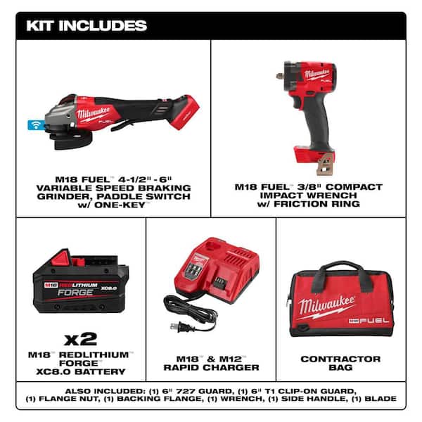 M18 FUEL ONE-KEY 18V Lith-Ion Cordless 4-1/2 in. /6 in. Variable Speed Grinder w/ 2 Batteries & 3/8 in. Impact Wrench