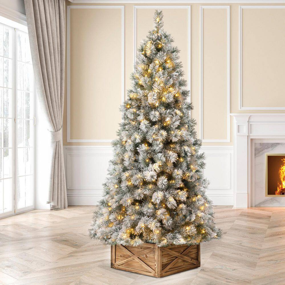 9ft White Flocked Spruce Christmas Tree with Warm LED Lights