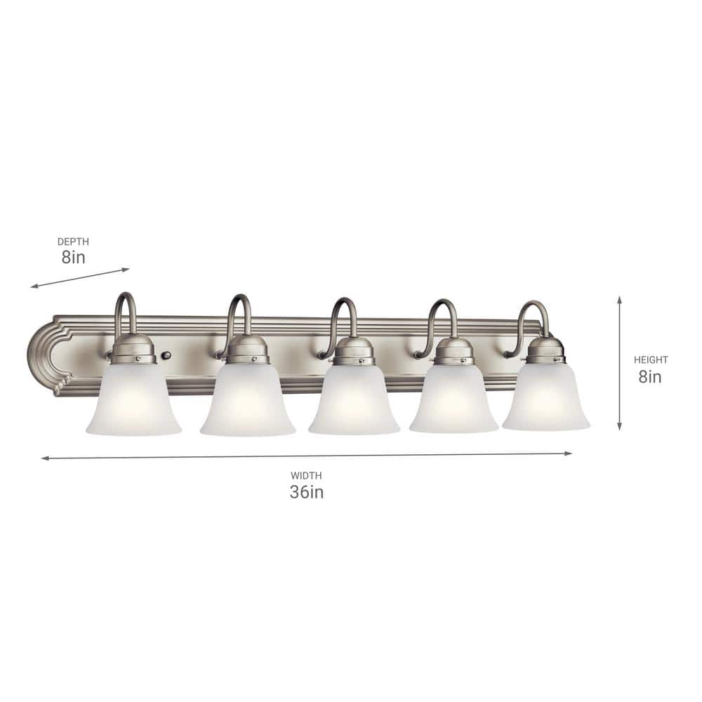 Nickel 36" 5-Light Vanity Bath Light with White Bell Shades