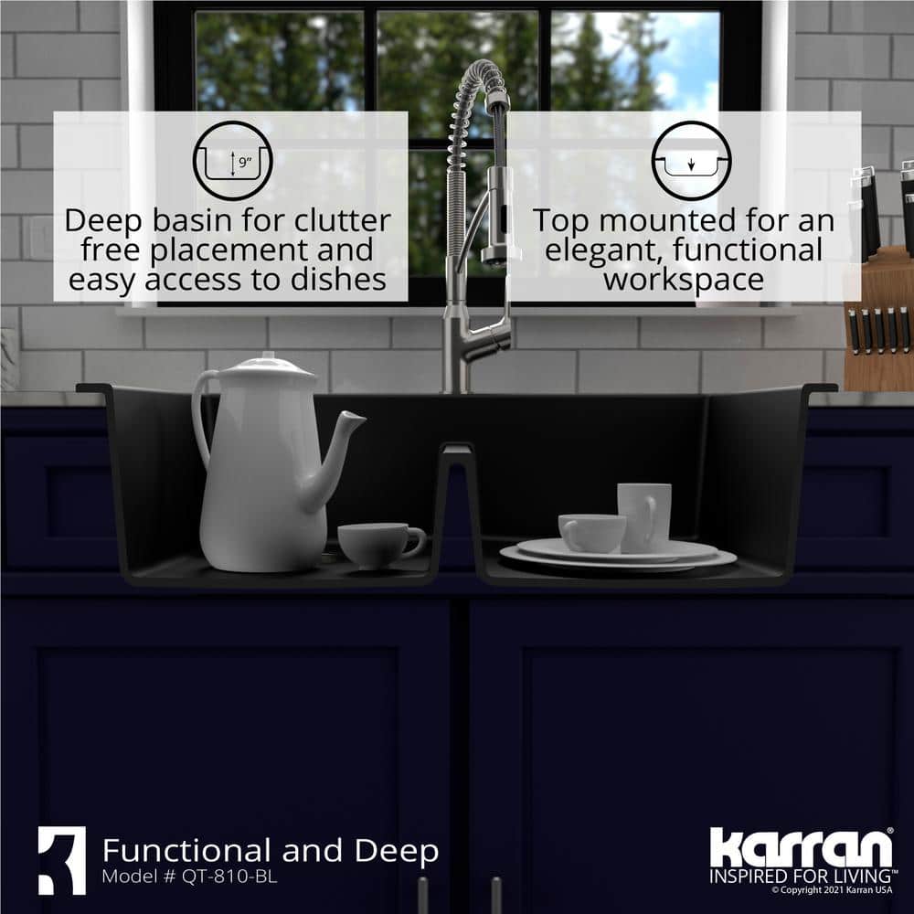 Black Quartz Double Bowl Top Mount Kitchen Sink