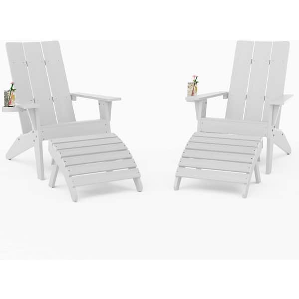 4-Piece Oversize Modern White Plastic Outdoor Patio Adirondack Chair with Folding Ottoman Set