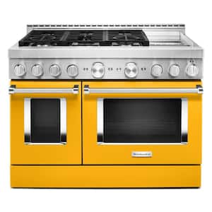 48 in. 6.3 cu. ft. Smart Double Oven Commercial-Style Gas Range with Griddle and True Convection in Yellow Pepper