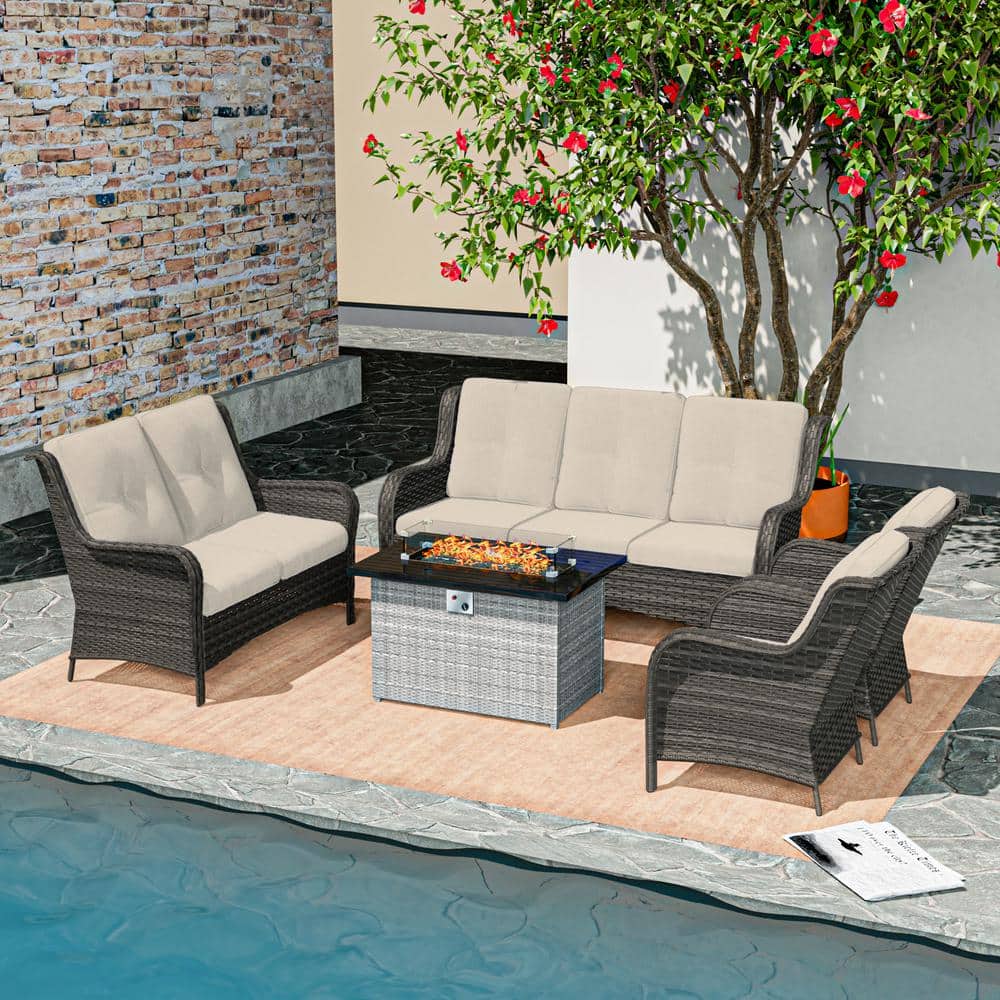 MeetLeisure 5-Piece Wicker Outdoor Patio Conversation Set with Beige Cushions and Rectangular Fire Pit Table