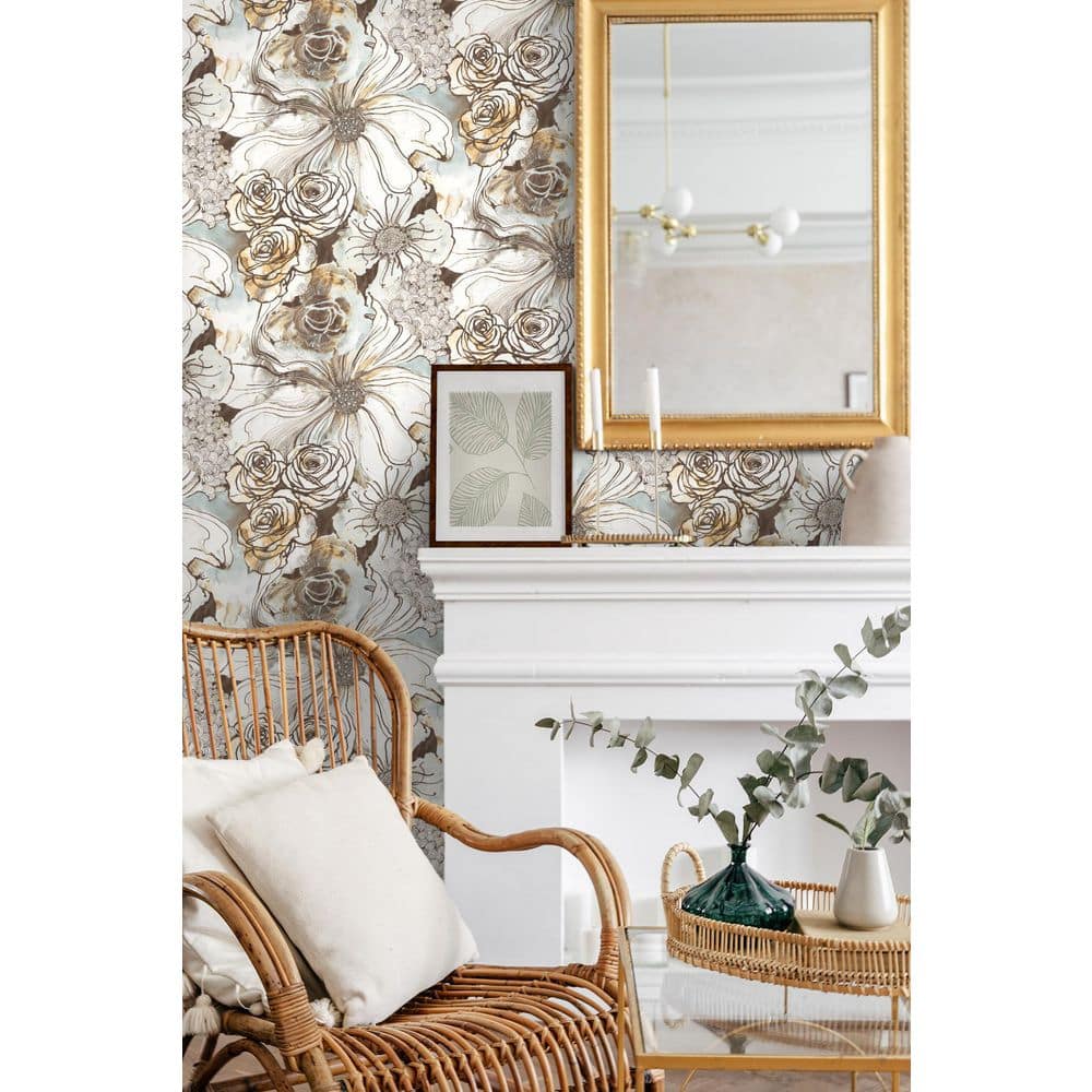 Mocha and Blue Mist Floral Vinyl Peel and Stick Wallpaper