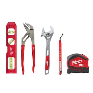 12 in. Adjustable Wrench, 7 in. Torpedo Level, Reaming Pen, 10 in Smooth Jaw Plier & Tape Measure (5-Piece)