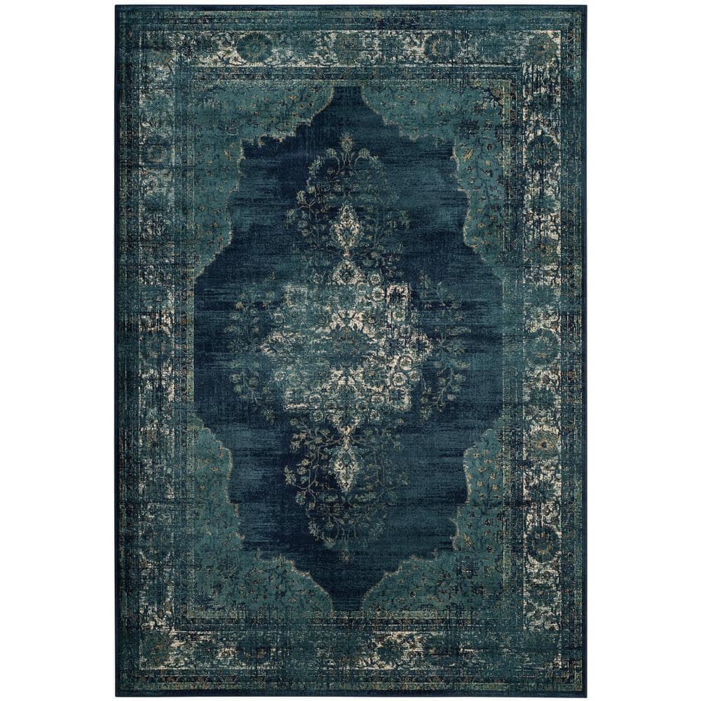 Navy Medallion Silky-Feel Rectangular Viscose Rug, 5'3" x 7'6"