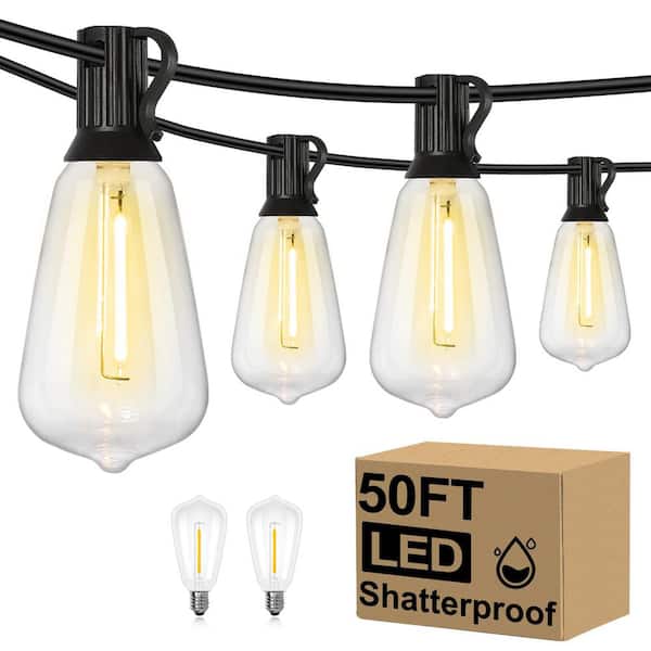 Angel Sar 50 ft. 2700K Warm White LED Outdoor String Lights with 27 Shatterproof ST38 Vintage Edison Bulbs