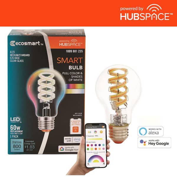 EcoSmart 60-Watt Equivalent Smart A19 Clear Color Changing CEC LED Light Bulb with Voice Control (1-Bulb) Powered by Hubspace