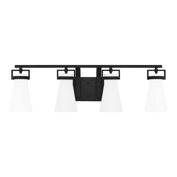 Home Decorators Collection Clermont 30.75 in. 4-Light Matte Black Bathroom Vanity Light with Milk Glass Shades