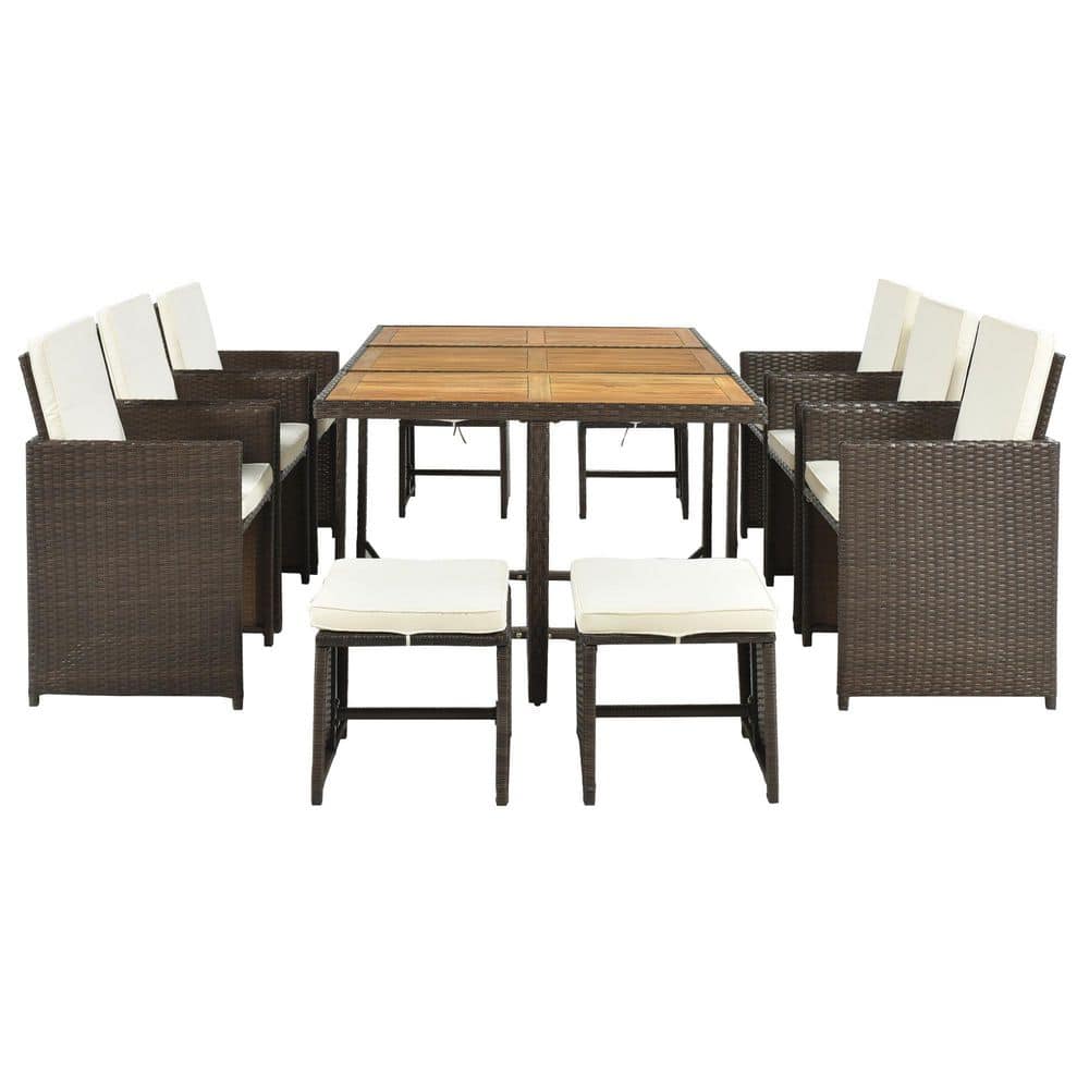 Tunearary 11Piece Brown PE Wicker Outdoor Dining Table Set Wood