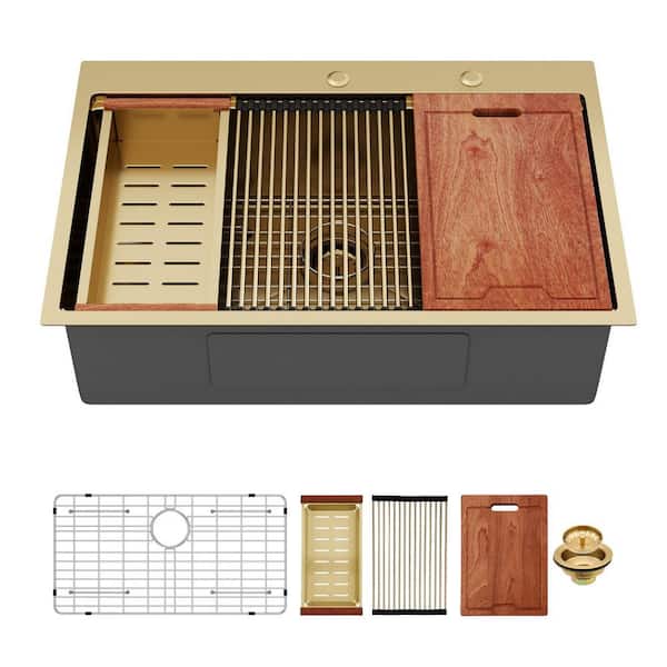 33 in. Drop-In Single Bowl 16 Gauge Gold Stainless Steel Kitchen Sink and Bottom Grids