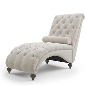 Beige Fabric Upholstered Tufted Buttons Chaise Lounge Chair Indoor for Bedrooom Living