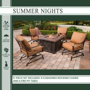 Summer Nights 5-Piece Patio Fire Pit Set with 4 Cushion Rockers and 40 in. Square Fire Pit and Desert Sunset Cushions