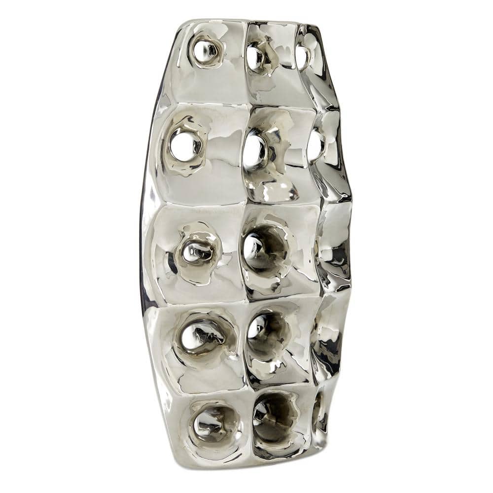 Sleek Silver Ceramic Table Vase with Geometric Cut-Outs 8" x 14"