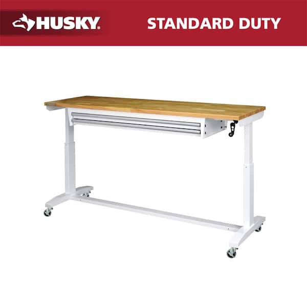 72 in. W x 24 in. D 2-Drawer Adjustable Height White Worktable with Solid Wood Top