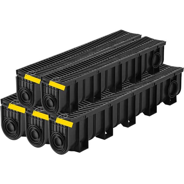 Trench Drain System, 5.9 in. x 7.5 in. Channel Drain with Plastic Grate, HDPE, 5 End Caps, for Garden, Driveway