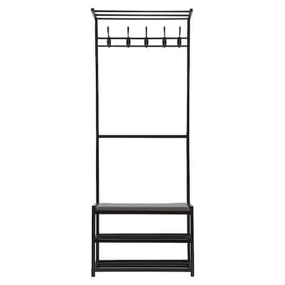 Black Metal Iron Clothes Rack 23.62 in. W x 62.99 in. H with Shoe Storage Entryway Bench