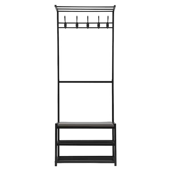 YIYIBYUS Black Metal Iron Clothes Rack 23.62 in. W x 62.99 in. H with Shoe Storage Entryway Bench
