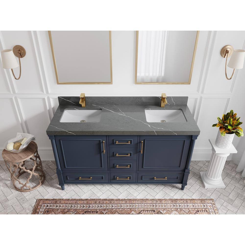Navy Blue Double Sink Freestanding Vanity with Gray Quartz Top