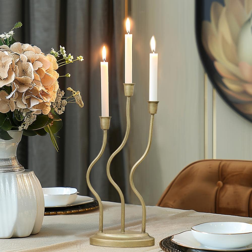 Gold Metal 3-Taper Candle Holder with Twisted Base