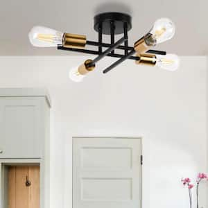 13 in. 4-Light Black/Gold Semi Flush Mount Chandelier for Living Dining Room Foyer