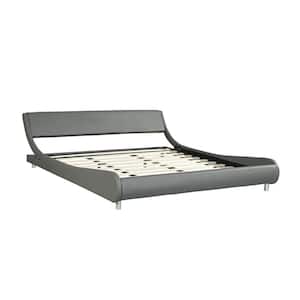 Gray Wood Slat Frame Curve Design Faux Leather Upholstered King Size Platform Bed