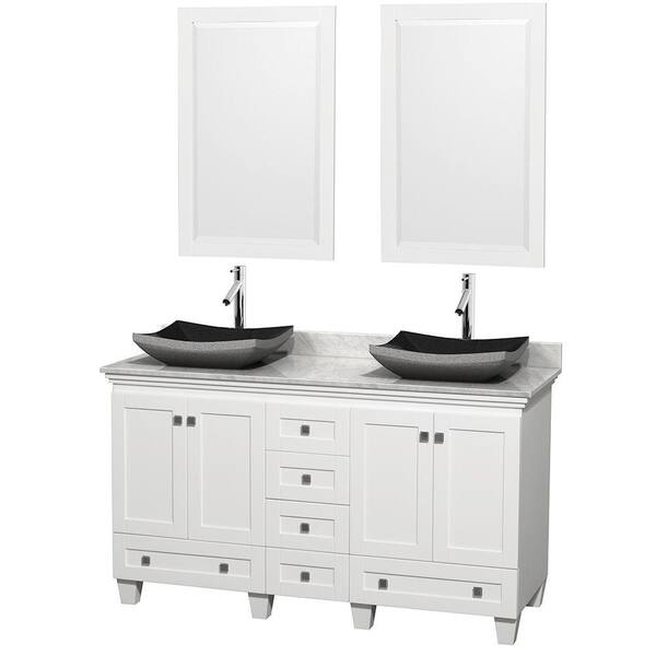 Wyndham Collection Acclaim 60 in. W Double Vanity in White with Marble Vanity Top in Carrara White, Black Sinks and 2 Mirrors
