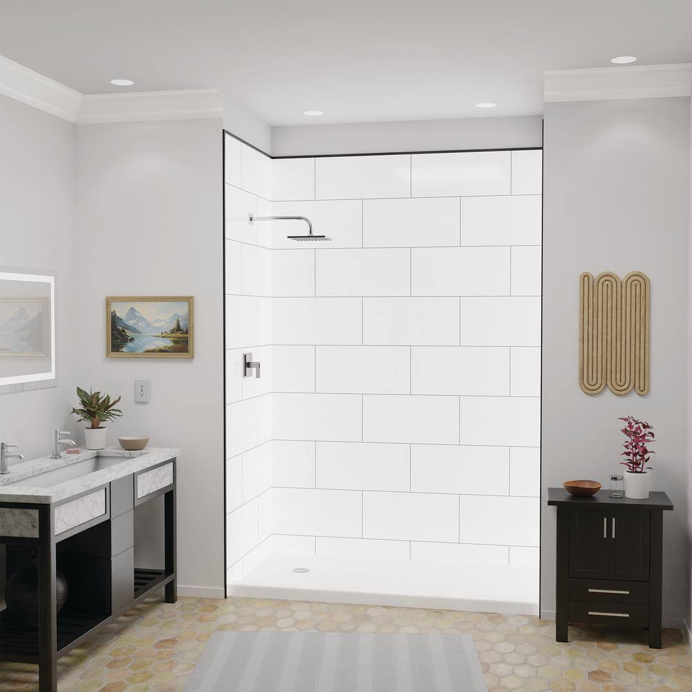 FlexStyle 60"W x 36"D x 80"H White Block Shower Wall Surround with Black Trim