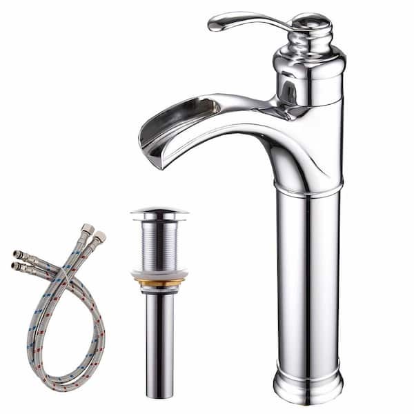 FLG Single Handle Single Hole Waterfall Bathroom Vessel Sink Faucet Brass Tall High Taps with Drain Kit in Polished Chrome