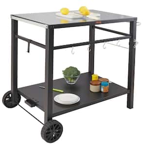 Outdoor Grill Cart with Double-Shelf BBQ Movable Food Prep Table Multi-Functional Iron Table Top