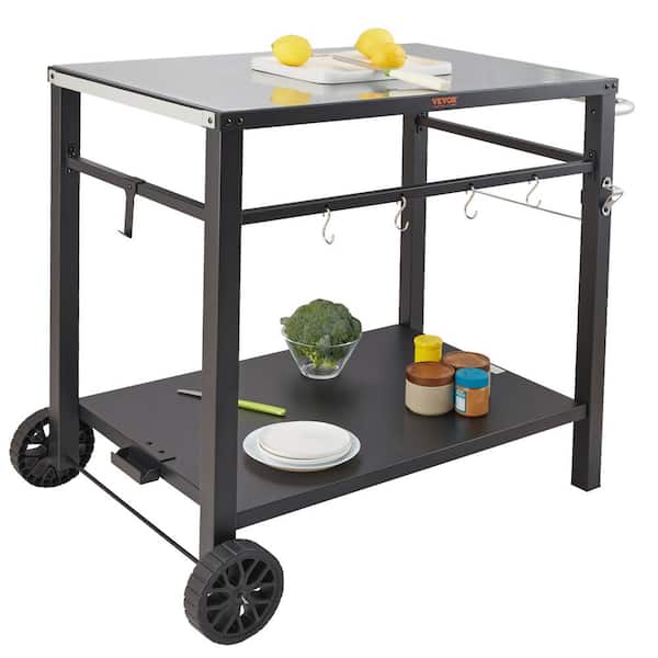 VEVOR Outdoor Grill Cart with Double-Shelf BBQ Movable Food Prep Table Multi-Functional Iron Table Top
