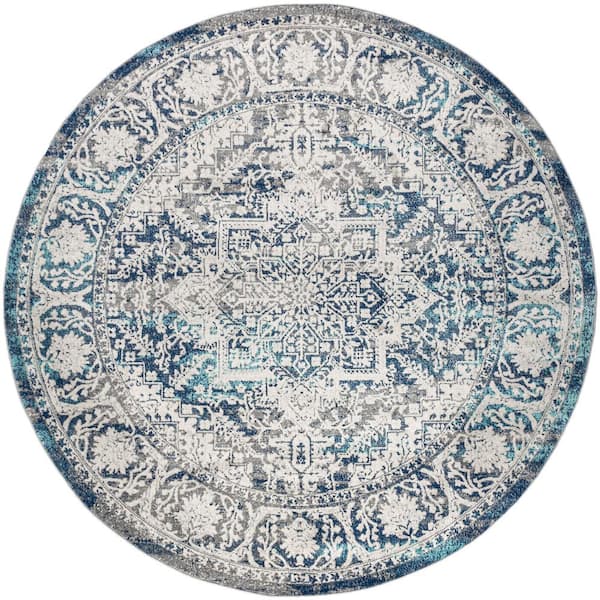 Modern Persian Vintage Medallion Navy /Light Gray 5 ft. Round Area Rug