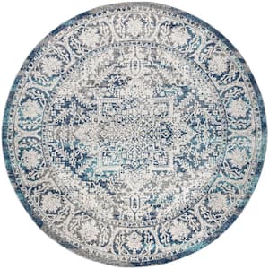 Modern Persian Vintage Medallion Navy /Light Gray 6 ft. 7 in. Round Area Rug