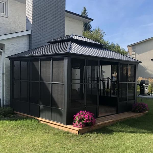 Hardtop Gazebo 12 ft. x 14 ft. Gray Aluminum Sunroom Gazebo with Double Top, Mesh Screens and 24 Lights