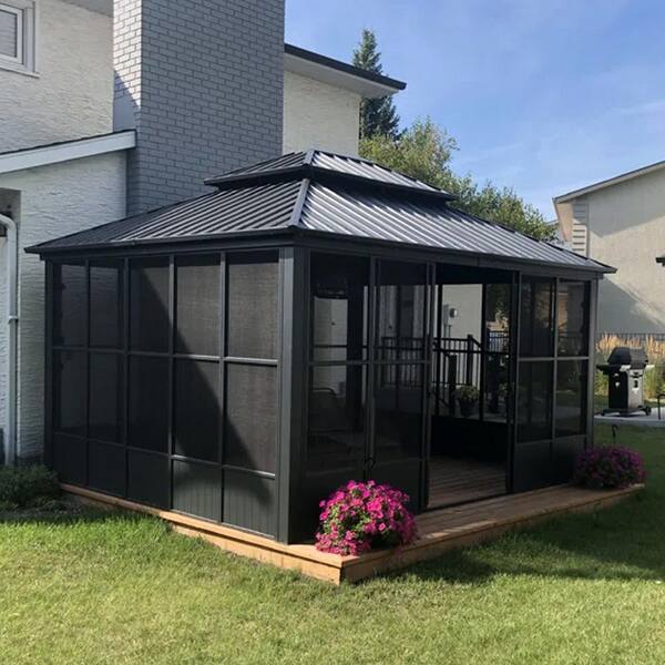 PURPLE LEAF Hardtop Gazebo 12 ft. x 14 ft. Gray Aluminum Sunroom
