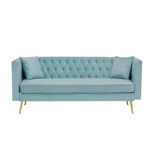 77.2 in Wide Square Arm Modern simplicity Velvet Accent Straight Sofa With Golden Metal Leg of Living Room in Blue/Teal