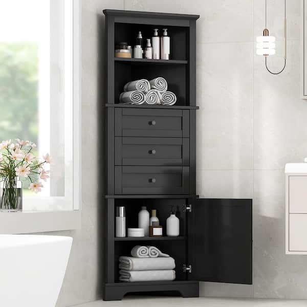 Unbranded 23 in. W x 13.40 in. D x 68.9 in. H Black Linen Cabinet with 3 Drawers and Adjustable Shelves for Bathroom, Living Room