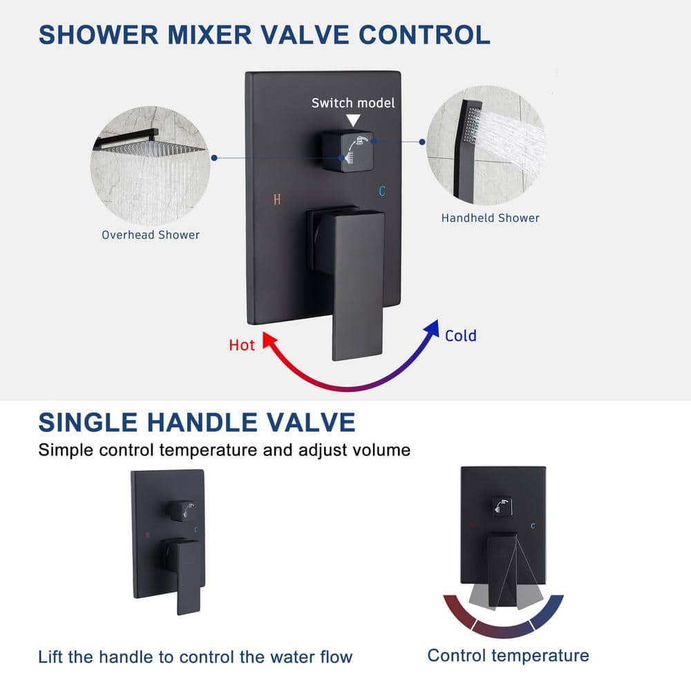 Matte Black Dual Function Square Rain Shower System