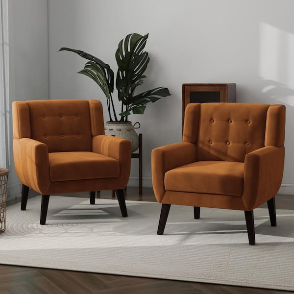 Mid-Century Modern Button Orange Velvet Accent Armchair set of 2