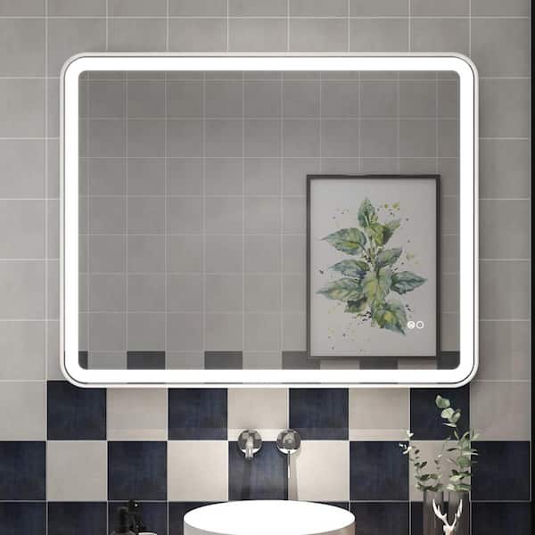 FORCLOVER 40 in. W x 32 in. H Rectangular R-Shaped Corners Aluminum Framed Dimmable LED Wall Bathroom Vanity Mirror in White