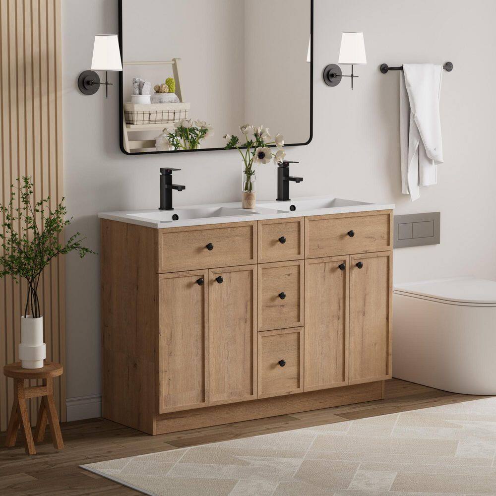 48 in. W x 18.1 in. D Double Sink Freestanding Oak Bath Vanity with White Integrated Composite Resin Top Drain Set price history on PriceWatchPro