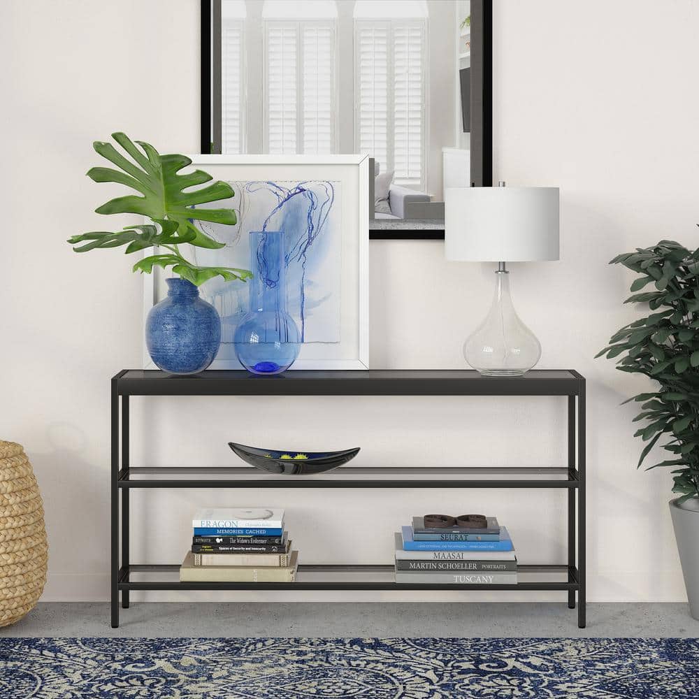 Modern Blackened Bronze and Glass Console Table with Dual Shelves