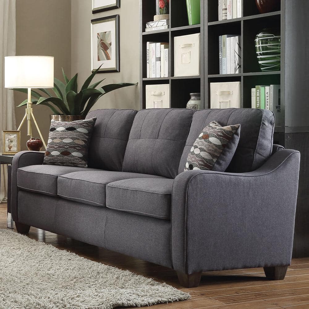 Elegant Gray Linen Tufted Sofa with Removable Cushions and Wood Accents