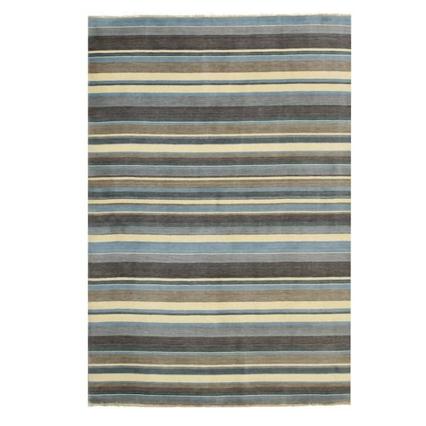 Blue/Brown Handmade Wool Transitional Striped, 5 ft. 6 in. x 8 ft. Rug