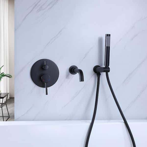 Tomfaucet 2-Handle Wall Mount Roman Tub Faucet with Hand Shower in Matte Black