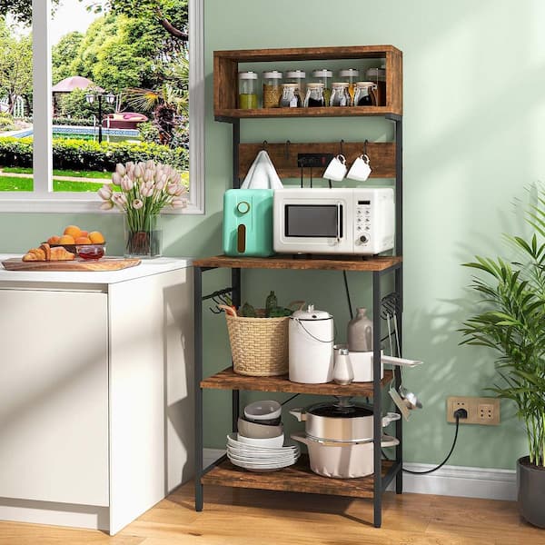 Brown 3-Shelf Engineered Wood 23.5 in.W Baker's Rack Microwave Stand with Power Outlet Open Shelves and Hooks